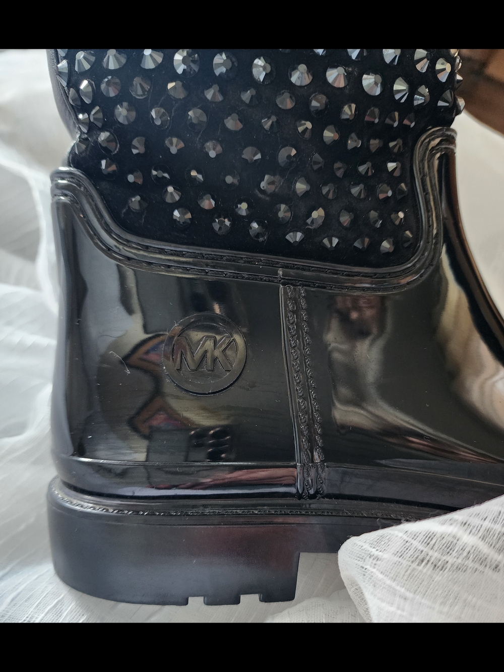 Michael Kors Dani Black Lined Rhinestone Studded Ankle Rain Boots Size 6 - Picture 2 of 6